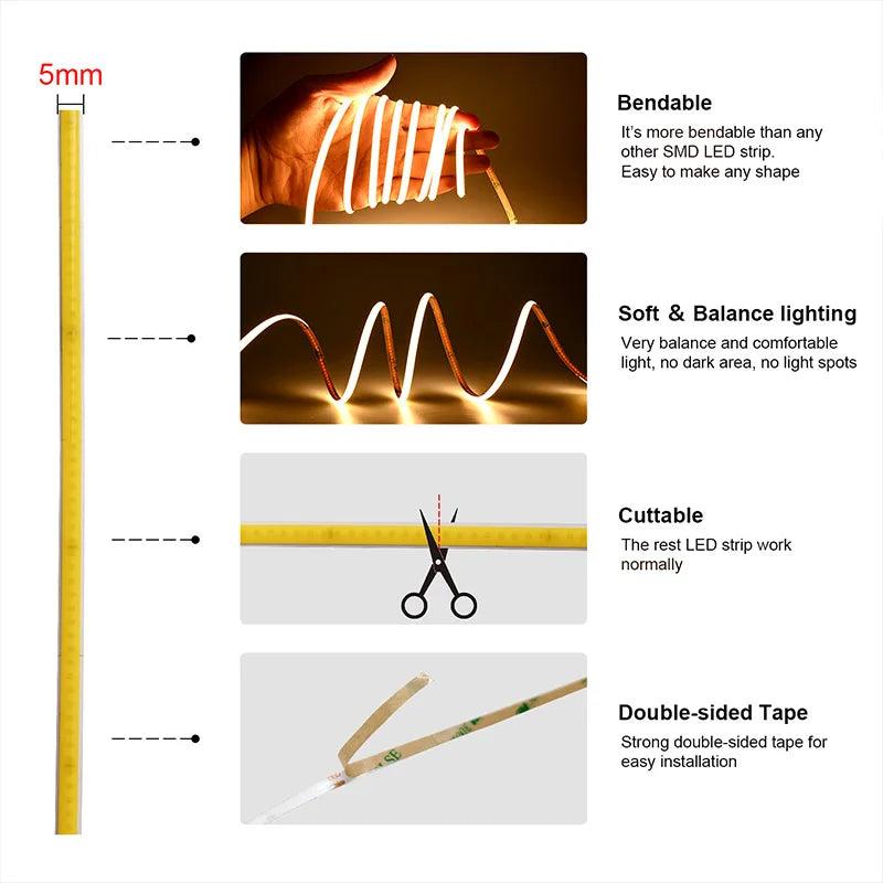 LED Strip COB 5mm 384LEDs/m DC12V/24V 5М - LEDOF