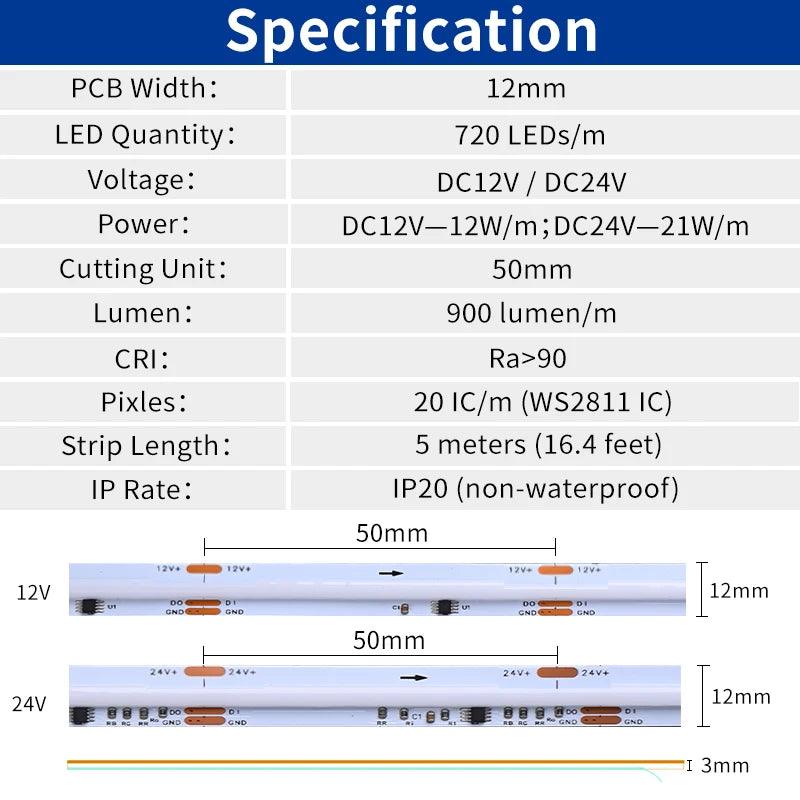LED Strip COB WS2811 720LEDs RGBIC DC12V 24V IP20 5М - LEDOF